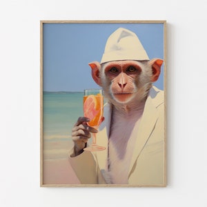 Monkey with Cocktail | Retro Bar Cart Aesthetic Decor | Cute Apartment Wall Art | Surreal Artwork | Funny Animal Print | MCR1