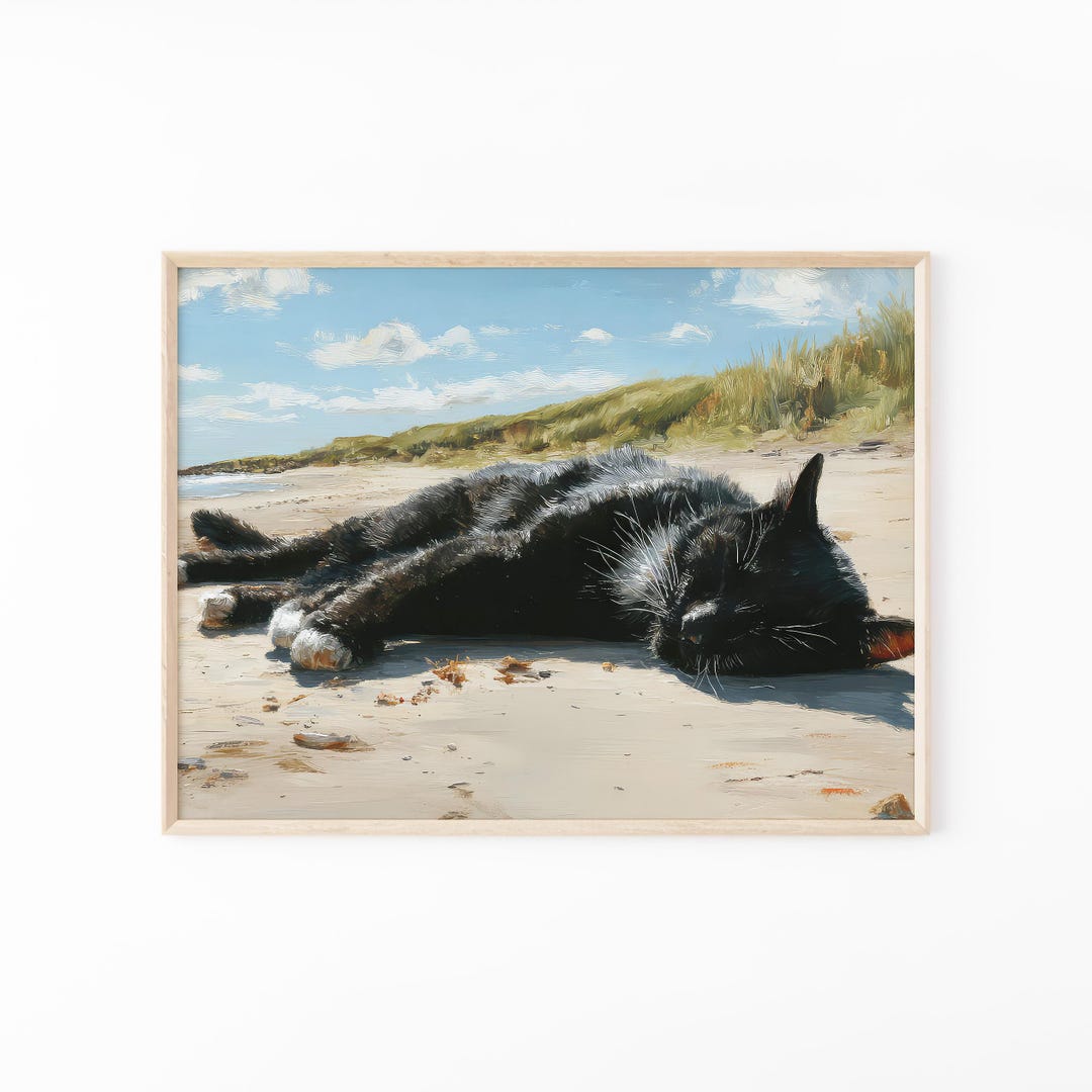Black Cat Sleeping on Beach Oil Painting Print | Relaxed Black Cat Art ...