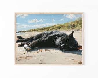 Black Cat Sleeping on Beach Oil Painting Print | Relaxed Black Cat Art | Beach Decor | Still Life Cat Print | Gift for Cat Lovers | BCB3