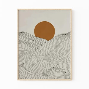Japanese Alps Illustration Print | Japandi Wall Art | Japanese Sun Set Prints | Abstract Line Art | Mountains Line Art Drawing | JAI8