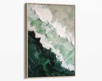 Deep Green Ocean Wave Oil Painting Print | On Stretched Canvas | Large Wall Art | Abstract Seascape Painting Beach Decor Boho | MOW5