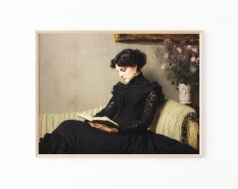 Stampa a olio raffigurante una donna vittoriana che legge / Decorazione accademica oscura / Arte murale Librariancore / Arte del libro di lettura malinconica / Regalo per gli amanti dei libri / VWR6