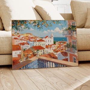 a painting of a colorful cityscape with buildings, balconies, and a scenic view of the ocean.