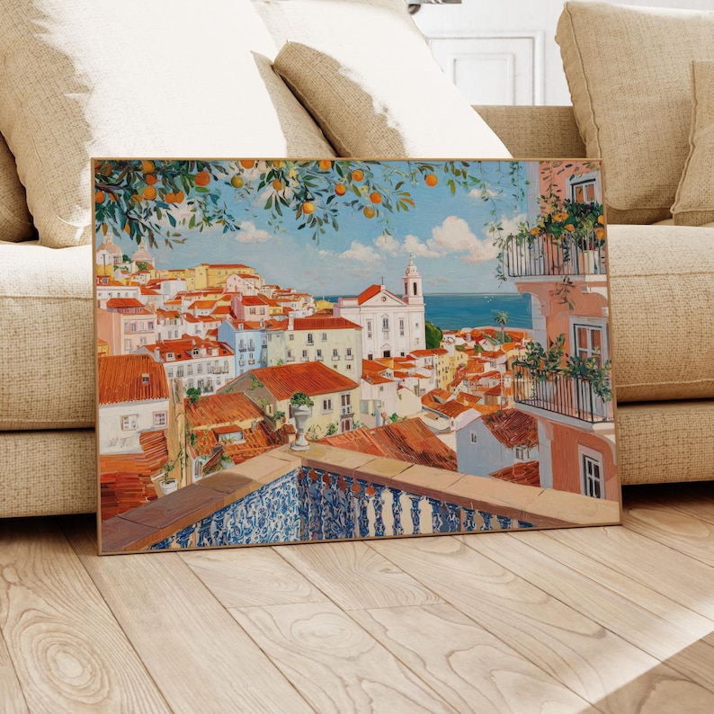 a painting of a colorful cityscape with buildings, balconies, and a scenic view of the ocean.