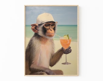 Monkey with Cocktail | Retro Bar Cart Aesthetic Decor | Cute Apartment Wall Art | Surreal Artwork | Funny Animal Print | MCR8