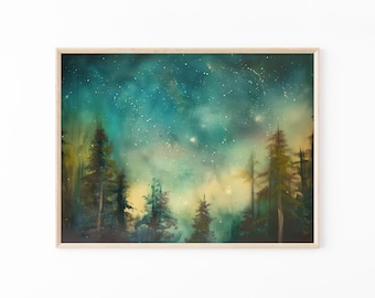 Moody Forest and Stars Oil Painting | Pine Trees Under the Celestial Starry Night Sky Painting | Woods Art | MFA2