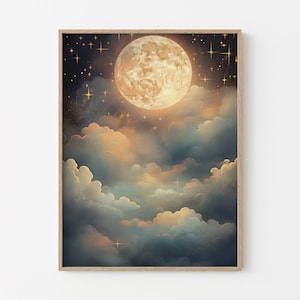 Vintage Enchanting Celestial Moon Art Oil Painting Print | Dark Academia & Dark Cottagecore | Night Sky Painting | Moon Art Print | VEC4