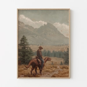 Vintage Dinosaurier Cowboy Ölgemälde Druck | Western Jurassic Dinosaurier Druck | Geschenk für Ihn, lustiger Druck | VÜD2