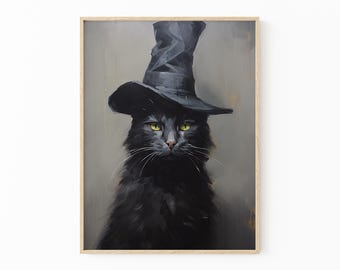 Black Cat Top Hat Oil Painting Print, Vintage Poster, Art Poster Print, Dark Academia, Gothic Victorian, Black Cat Art, Witchy Decor BCTH1