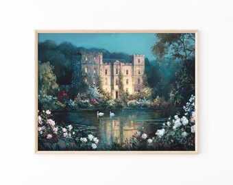 Impresión de pintura al óleo inspirada en la finca de Pemberley de Orgullo y prejuicio / Arte mural de Jane Austen / Decoración campestre nocturna / Arte literario / PAN8