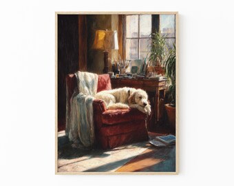 Sleeping Dogs Poodle Art Painting Print | Cozy Sunlit Dog Wall Decor | SCD4