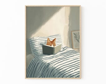 Orange Cat Reading Print | Black Cat Wall Art | Cosy Bedroom Poster | Book Lover Illustration | SLE4