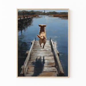 Happy Dog Jumping Off Dock Oil Painting Print | Happy Summertime Dog Art | Coastal Decor | Boat House Art | Gift for Dog Lovers | HDO6