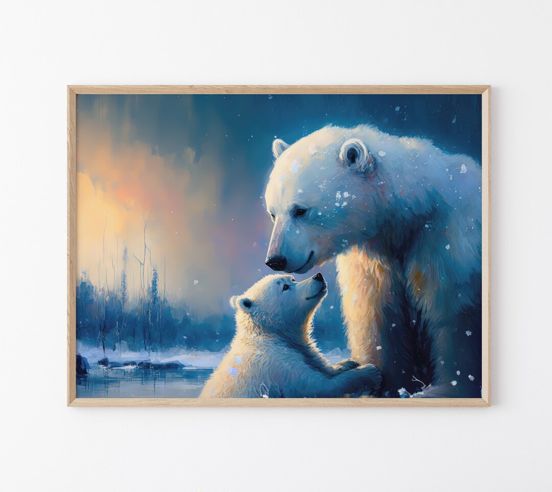 Polar Bear With Cub, Cute Oil Painting Artwork, High-quality Matte Wall ...