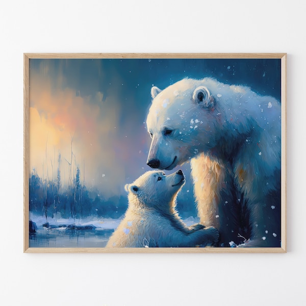 Ours polaire avec son ourson, oeuvre d'art mignonne de peinture à l'huile, impression d'art mural mat de haute qualité, décoration d'intérieur d'hiver, cadeau pour les amateurs d'ours polaires