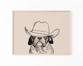 Impresión artística de perro vaquero negro con boceto divertido / Impresión retro / Arte vintage / Arte mural azul / Impresión de perro del oeste / Decoración de moda / CDB7