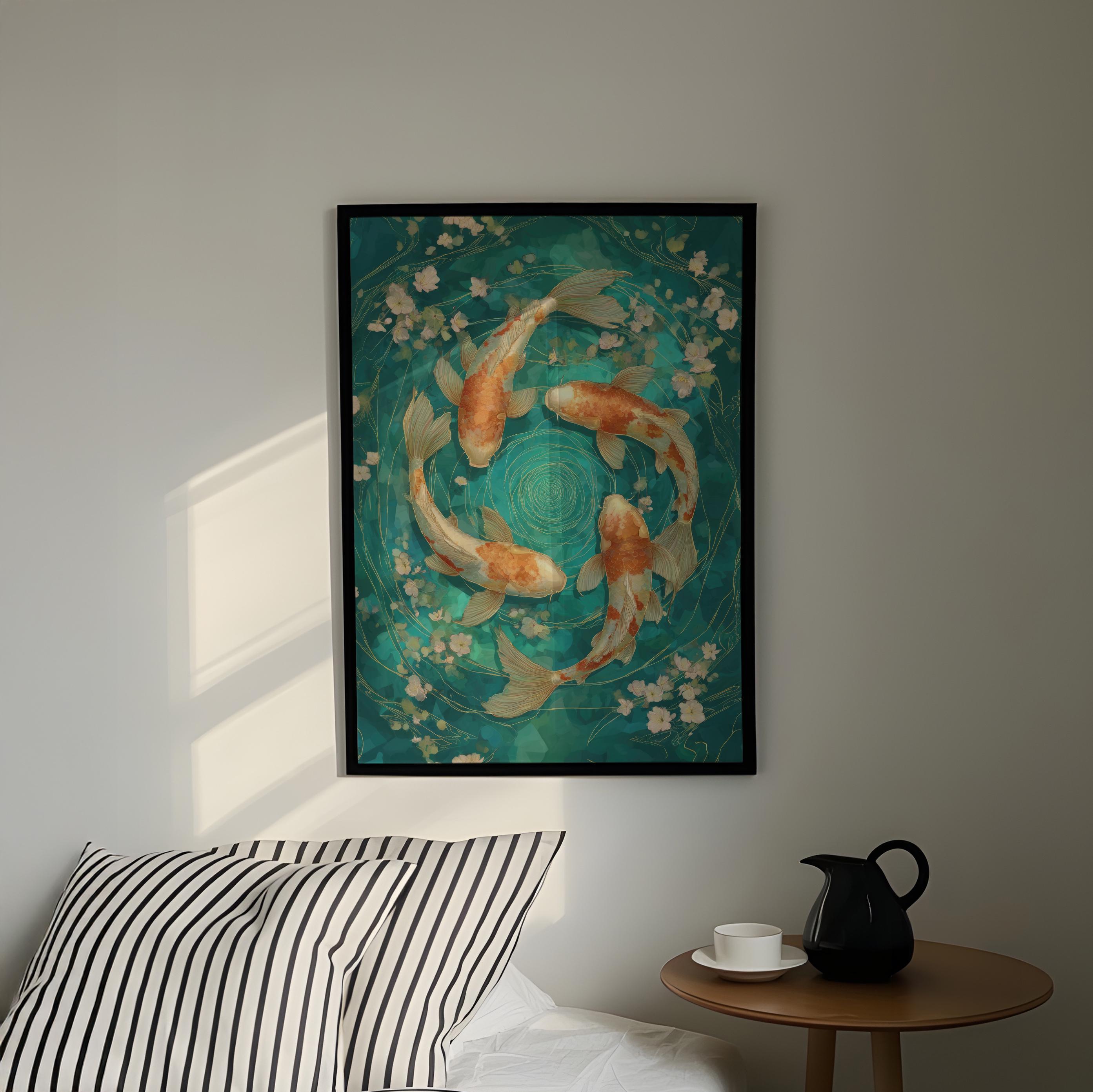 Koi Fish Art Print | Japanese Modern Floral Poster | Light Blue Bedroom ...
