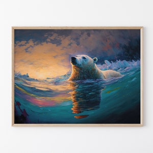 Orso polare astratto che nuota, dipinto a olio, stampa artistica da parete opaca di alta qualità, decorazione invernale per la casa, regalo per gli amanti dell'orso polare