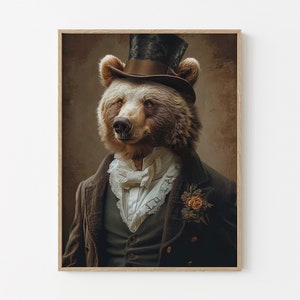 Vintage Grizzly Bär viktorianisches Porträt Malerei Druck | Gentleman Braunbär mit Anzug und Hut | Tier Wohnkultur Geschenk | VGB2