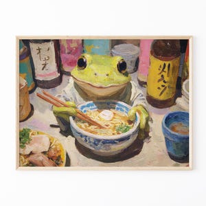 Frog Eating Ramen Oil Painting Print | Ramen Noodles Wall Art | Quirky Kitchen Decor | Japanese Inspired Painting | Unique Wall Art | RFE2