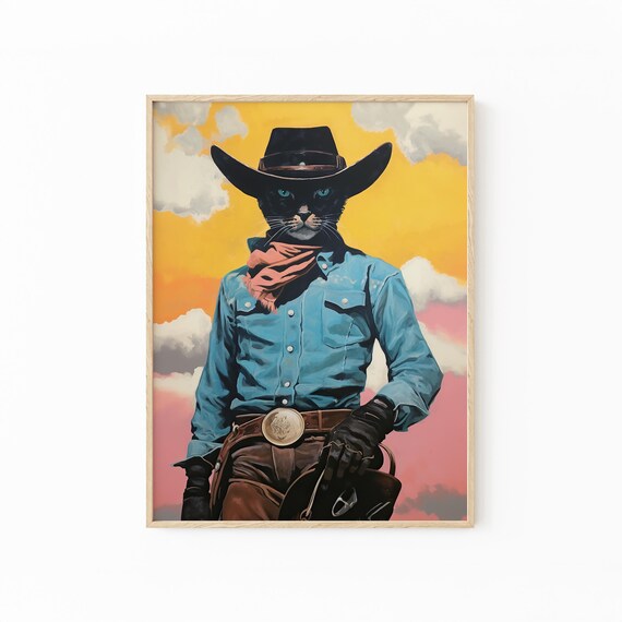 Black Cat Cowboy Surreal Art Print - Cool Western Quirky Pet Decor Portrait Retro Cowgirl Meowdy Wall Art WCC7