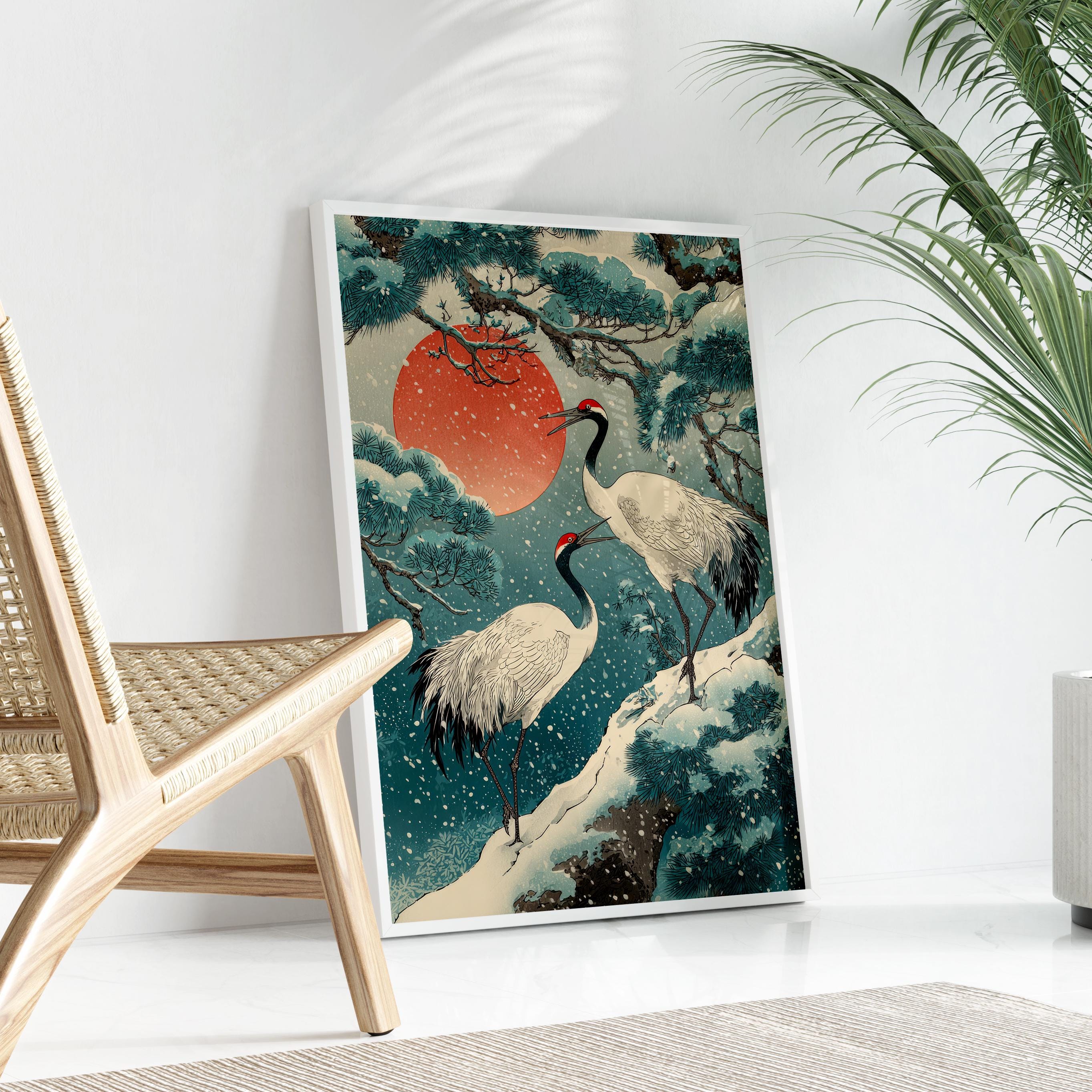 Cranes at Sunrise in Snow Art Print | Vintage Japanese-style Bird