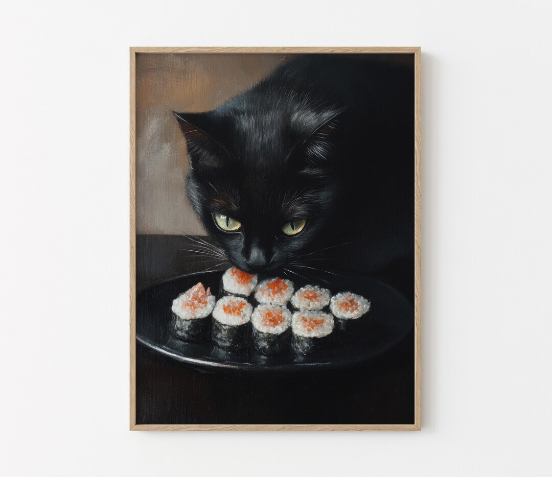 Black Cat Sushi Oil Painting Print | Tokyo Art Print | Oishii Cat Print ...