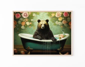 Bear in the Bathtub Oil Painting Print | Funny Bathroom Wall Art, Surreal Black Bear Print, Whimsy Animal Art, Dark Humor BIT15