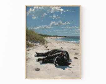 Black Cat Sleeping on Beach Oil Painting Print | Relaxed Black Cat Art | Beach Decor | Still Life Cat Print | Gift for Cat Lovers | BCB5