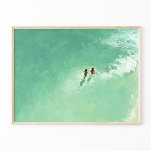 Green Abstract Oil Painting Print | Two People Swimming Painting | Turquoise Painting | Green wall art | Green Minimalist Art | GBO5
