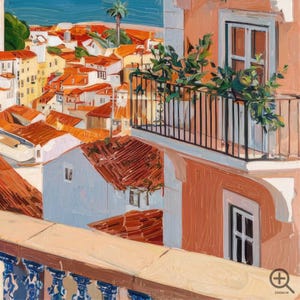 The image is a vibrant and colorful painting depicting a cityscape with buildings featuring red tile roofs, balconies with plants, and a clear blue sky.