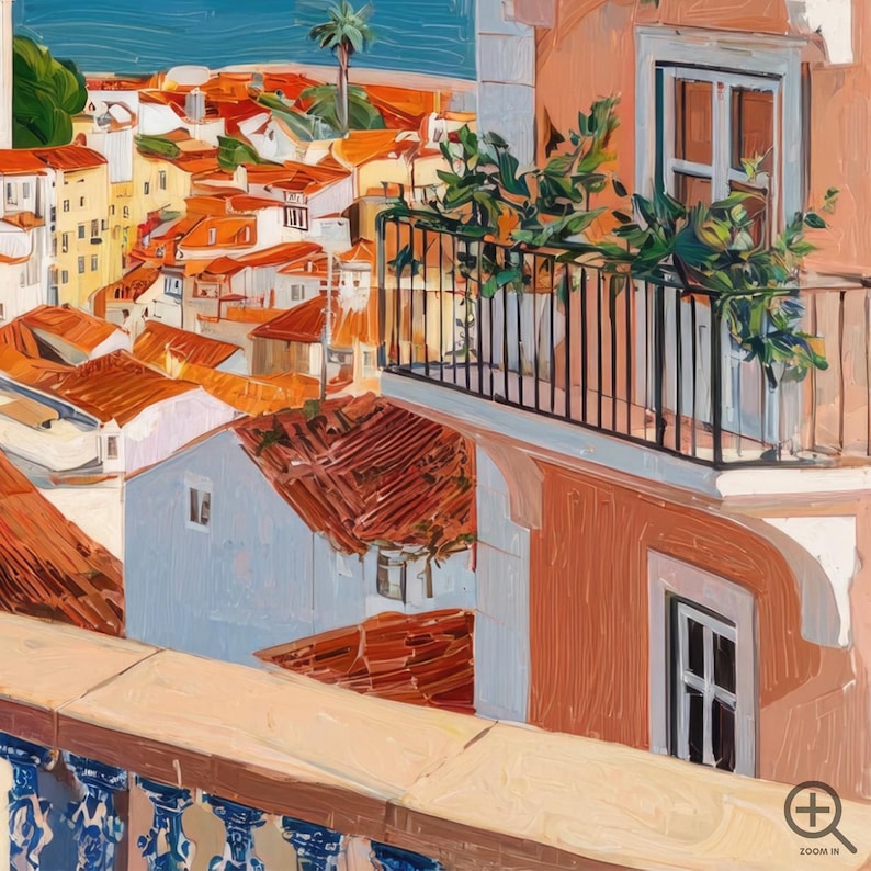 The image is a vibrant and colorful painting depicting a cityscape with buildings featuring red tile roofs, balconies with plants, and a clear blue sky.