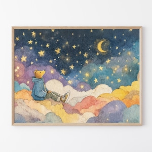 Stampe da pittura a forma di orsetto per la cameretta del bambino / Stelle celesti, nuvole, luna / Bambino e bambina / Genere unisex, sognante, pastello, boho / Stampa lunare / BNT4