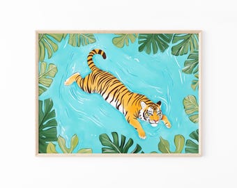 Impresión de pintura al óleo de tigre caminando en el río / Arte mural de animales / Animales de safari / Decoración de pared tropical / Pintura de jungla / Tigre nadando / TWI7