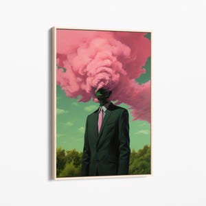 Head In The Clouds (Retro Surreal Art, Surreal Cloud Art, Pink and Green Artwork, Surreal Wall Print, Trippy Wall Art, Stretched Canvas) HI3