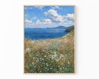 Coastal Wildflower Painting Print | Vintage Beach Floral Art | Pastel Seascape Summer Wall Decor | Beach Inspired Art | WIC3