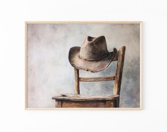 Cowboyhoed olieverfschilderij | Klaagmuurkunst | Cowboyhoed kinderkamerprint | Trendy decoratie | Americana retro slaapkamer neutraal kunstwerk | CHO7