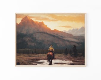 Vintage Landscape Cowboy Oil Painting Print | Western Wall Art | Mid-Century Wall Decor | Rustic Southwest Decor | VLC16