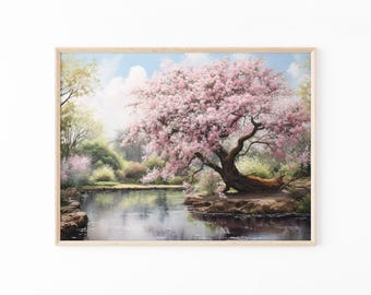 湖畔の桜の木の油絵、壁アートマットプリント、桜の木のプリント、自然愛好家、桜愛好家への贈り物