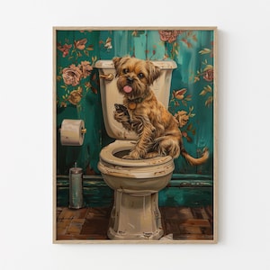Border Terrier Sitting on Toilet with Phone Painting Print | Dog with Phone | Funny Dog Animal Picture Bathroom Wall Art Gift | TSO1