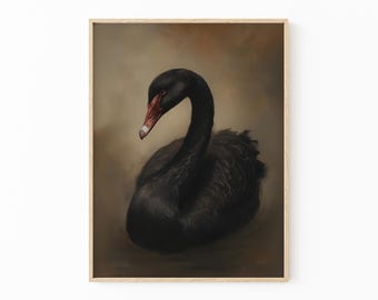 Antique Black Swan Oil Painting Print | Romantic Wall Art | Victorian Bird | Moody Aesthetic Room Decor | Black Swan Gothic Home | BSA4