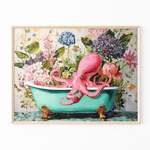 Octopus In A Bathtub In A Luxury Bathroom Oil Painting Print | Octopus Gift | Octopus Wall Art | Funky Eclectic Bathroom Decor | OIA8