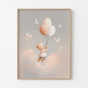 Stampa dipinta a mano con orsetto di peluche per bambini / Nuvola / Maschio Femmina / Genere Unisex Neutro Beige Naturale Palloncino Boho / BTN4