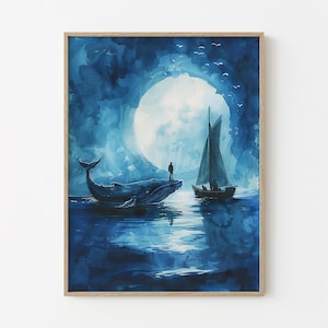 Aquarell Wal unter dem Mond | Wal Druck | Wal und Boot | Wal-Kinderzimmer | Buckelwal Kunst Wanddekor Geschenk | WUT1