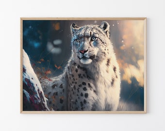 Snow Leopard in Snowy Forest Oil Painting, Winter Snow Leopard Artwork, Wildlife Animal Art Matte Print, for Home Office Wall Decor