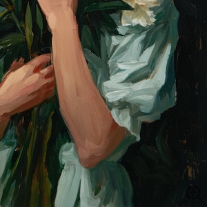 The image is an oil painting depicting a woman's arm and hand in a close-up view, with a background of green leaves and foliage.