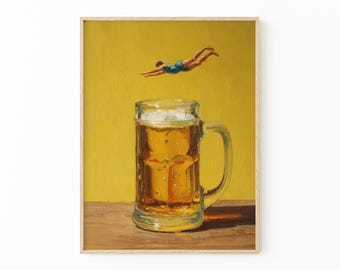 Impresión de pintura al óleo de un buceador cervecero / Arte cervecero / Regalo para amantes de la cerveza / Arte mural de cerveza / Arte mural de cocina moderno / Arte divertido / Marco opcional / BDO7