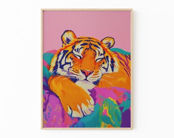 Sleeping Tiger In Bed Oil Painting Print | Maximalist Wall Decor | Tiger Bedroom Decor | STIA1
