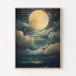 Vintage Enchanting Celestial Moon Art Oil Painting Print | Dark Academia & Dark Cottagecore | Night Sky Painting | Moon Art Print | VEC7