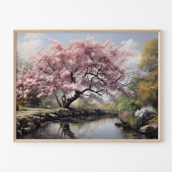 Cherry Blossom Tree Next to Lake Oil Painting, Wall Art Matte Print, Sakura Tree Print, Gift for Nature Lover, Cherry Blossom Lover